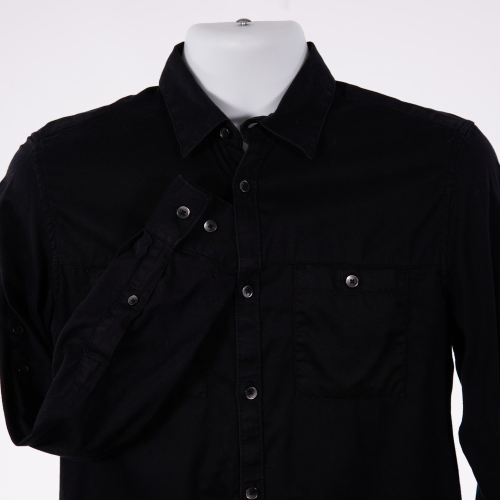 Calvin Klein Mens Small Black Cotton Collared Dress Shirt Pocket Front Long Slee